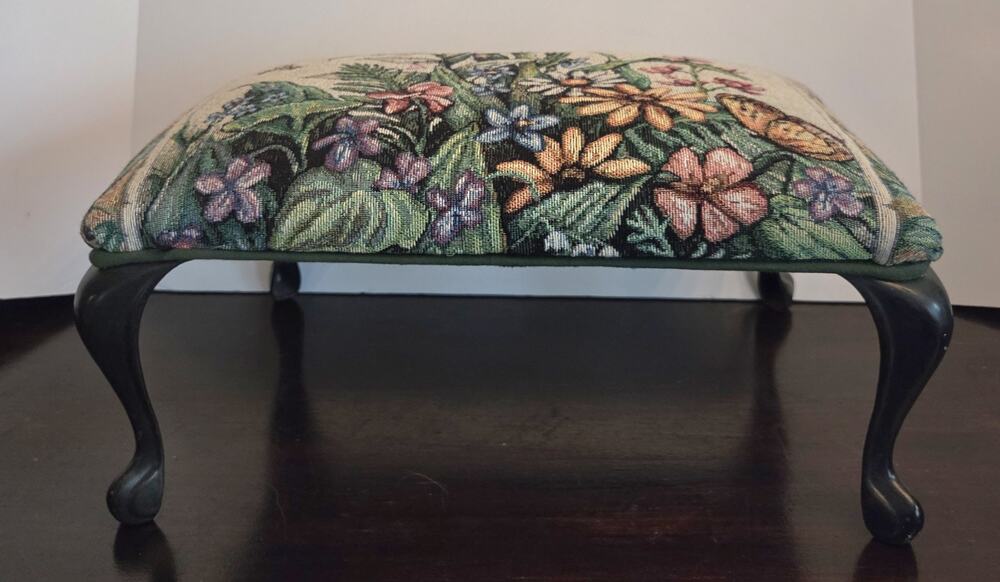 Floral Tapestry Footstool Queen Anne Cabriole Legs Cottagecore 15x10x8 Inches